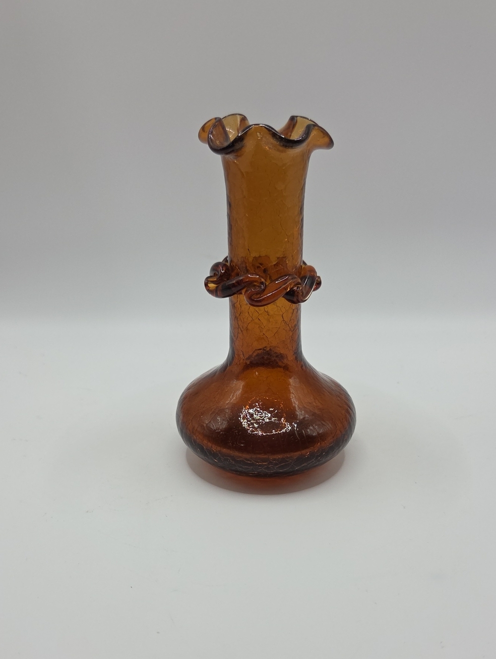 Amber Crackle Glass Bud Vase with Decorative Ribbon Collar. Vintage.